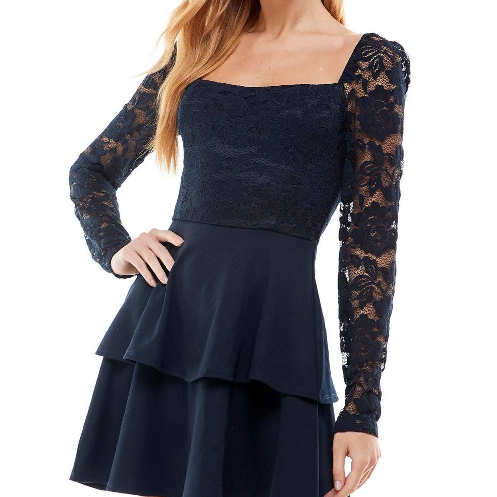 NWT CITY STUDIO Navy Lace Long Sleeve Zippered Square Neck Ladies Party Dress, 0